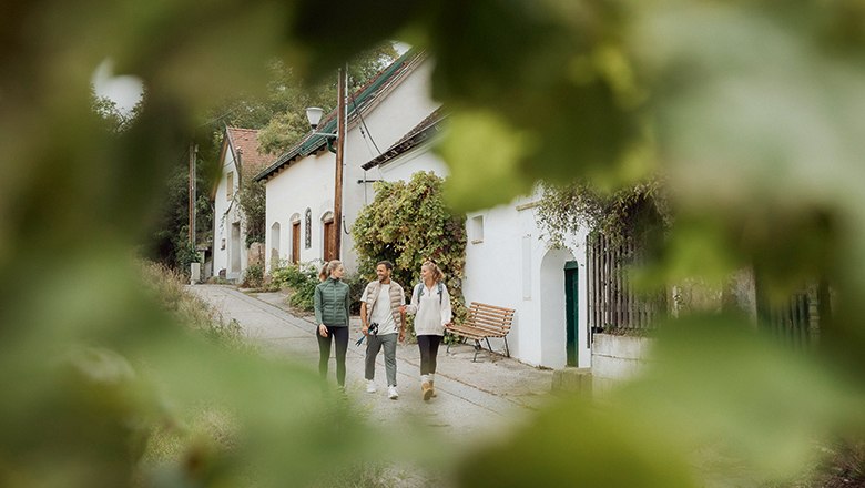Kellergasse im Bezirk Korneuburg, © Weinviertel Tourismus/Sophie Menegaldo Weinviertler Kellergasse mit spazierenden Menschen